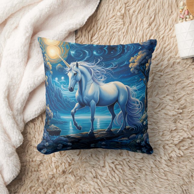 White Unicorn Fantasy Full Moon Cushion (Blanket)