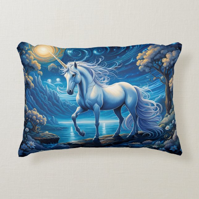 White Unicorn Fantasy Full Moon Decorative Cushion (Front)
