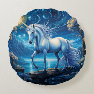 White Unicorn Fantasy Full Moon Round Cushion