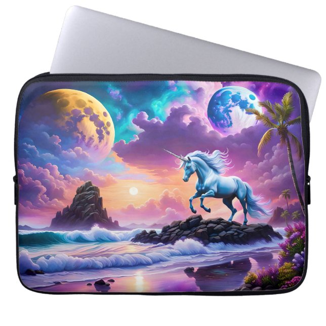 White Unicorn Fantasy Tropical Beach Laptop Sleeve (Front)