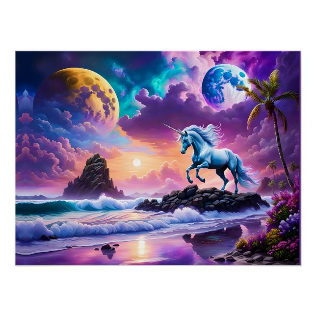 White Unicorn Fantasy Tropical Beach Poster (Front)