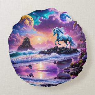 White Unicorn Fantasy Tropical Beach Round Cushion