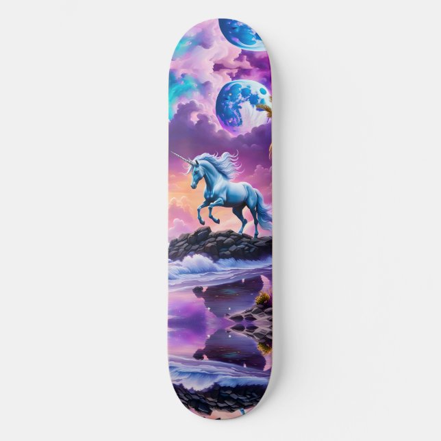 White Unicorn Fantasy Tropical Beach Skateboard (Front)