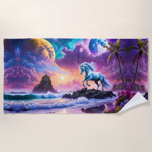 White Unicorn Fantasy Tropical Beach Towel