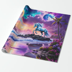 White Unicorn Fantasy Tropical Beach Wrapping Paper