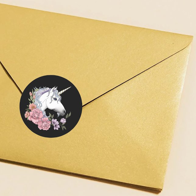 White Unicorn  Flowers Pink black Classic Round Sticker (Creator Uploaded)