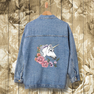 White Unicorn Flowers Pink Black Denim Jacket