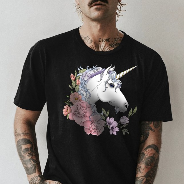 White Unicorn Flowers Pink Black T-Shirt (Creator Uploaded)