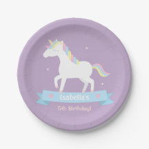 White Unicorn Girls Birthday Purple Party Plates