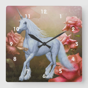 White Unicorn Horse Pink Roses Fantasy Square Wall Clock