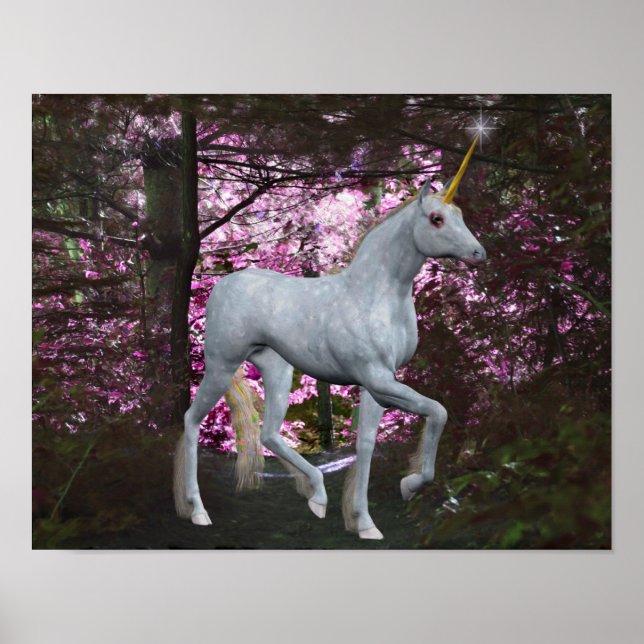 White Unicorn In Forest Fantasy Horse Poster (Front)