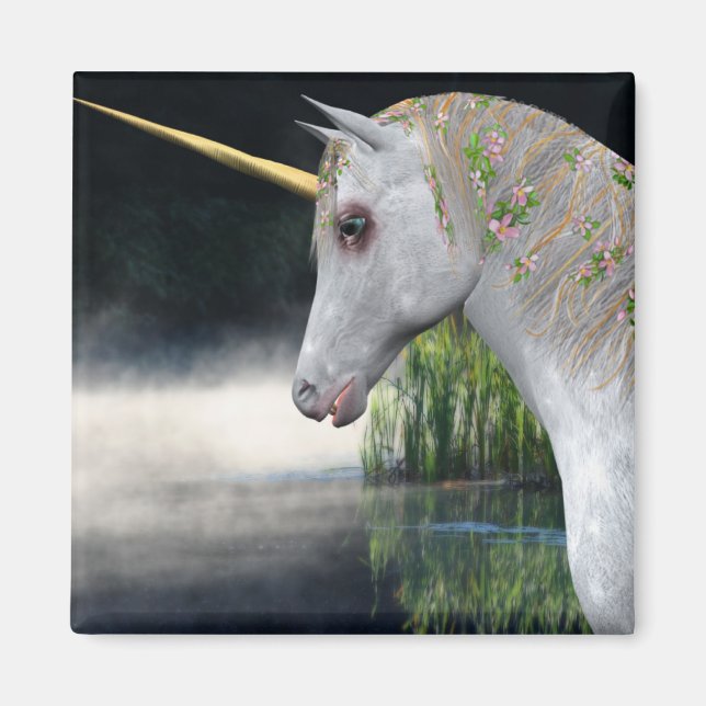 White Unicorn In Mist Fantasy Magnet (Front)