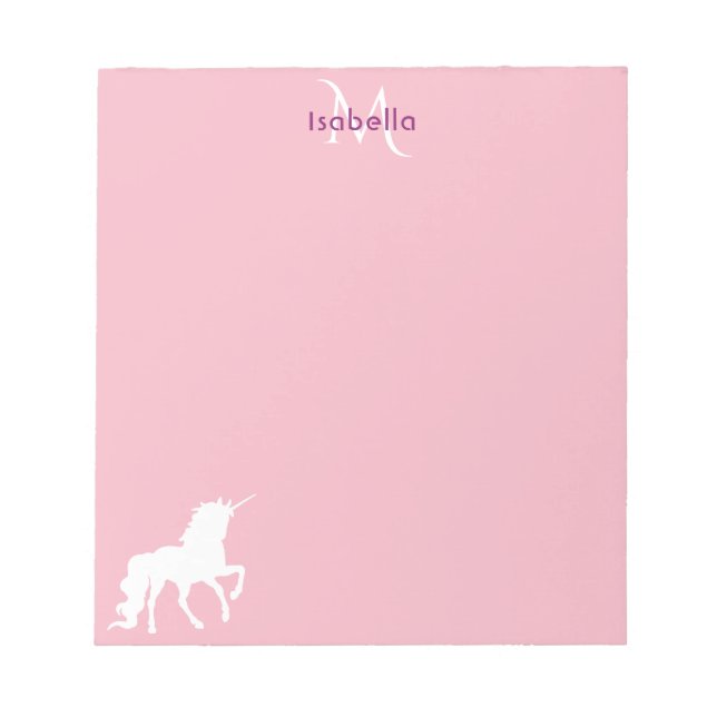 White unicorn on pastel pink monogrammed notepad (Front)
