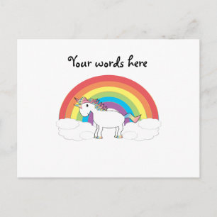 White unicorn on rainbow and clouds postcard