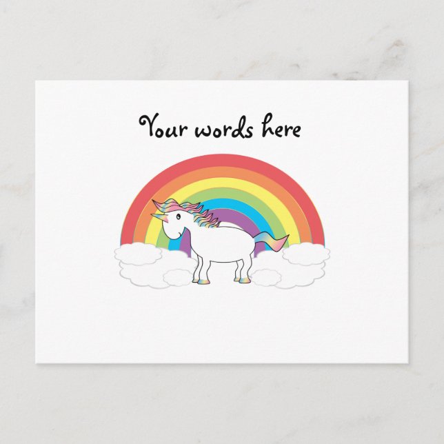 White unicorn on rainbow and clouds postcard (Front)