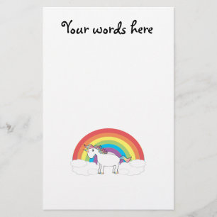 White unicorn on rainbow and clouds stationery