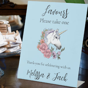 White Unicorn Pastel Floral Fantasy Wedding Favour Pedestal Sign