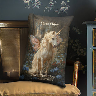 White Unicorn Pink Butterfly Wings Fairy Horse Lumbar Cushion