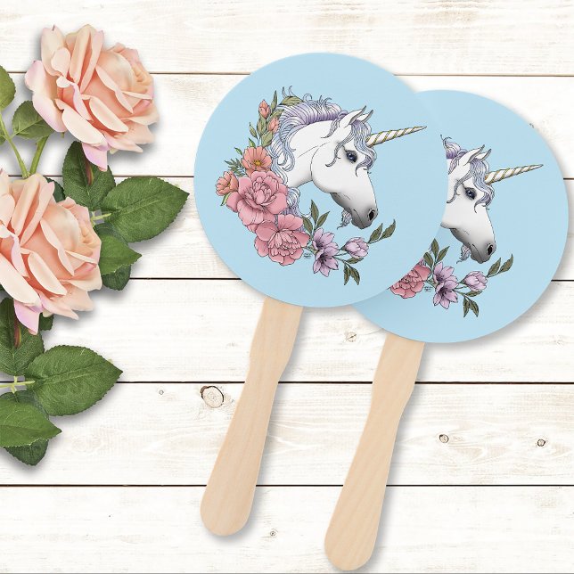 white Unicorn Pink Flowers Blue Hand Fan (Creator Uploaded)