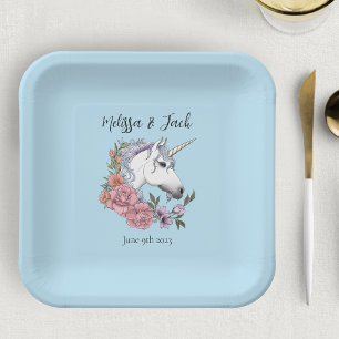 White Unicorn Pink Flowers Blue Paper Plate