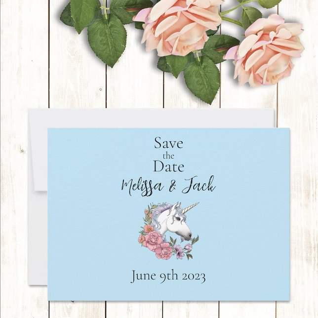 White Unicorn Pink Flowers Blue Save The Date (Creator Uploaded)