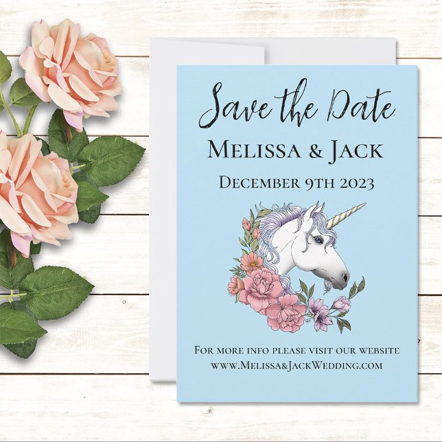 White Unicorn Pink Flowers Blue Save The Date (Creator Uploaded)