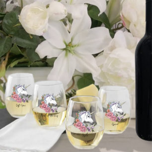 White Unicorn Pink Flowers Blue Stemless Wine Glass