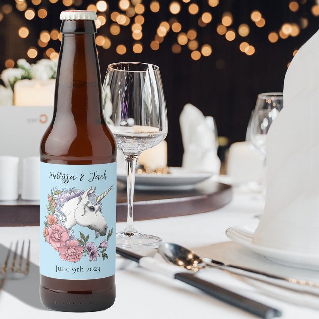 White Unicorn Pink Flowers Blue Wedding Beer Bottle Label (Creator Uploaded)