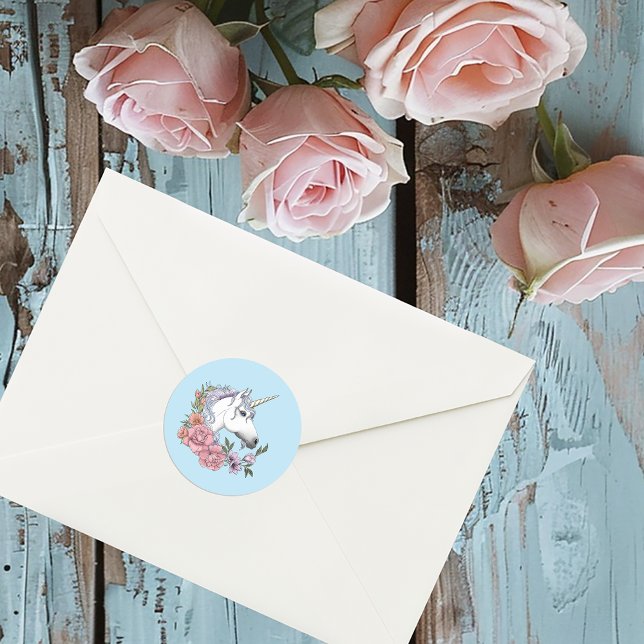 White Unicorn Pink Flowers Blue Wedding Classic Round Sticker (Creator Uploaded)