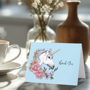 White Unicorn Pink Flowers Blue Wedding Thank You Card