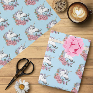 White Unicorn Pink Flowers Blue Wrapping Paper