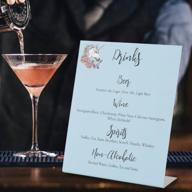 White Unicorn PinkFlowers Blue Wedding Drinks Menu Pedestal Sign (Creator Uploaded)