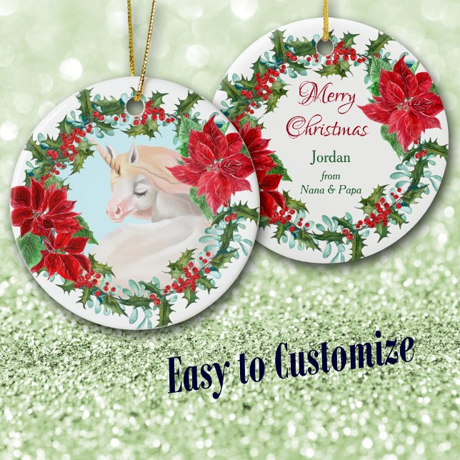 White Unicorn Poinsettia Holly Wreath Ceramic Ornament (Creator Uploaded)