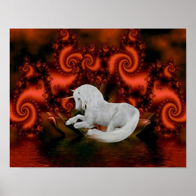 White Unicorn Red Fractals Fantasy Horse Art Poster (Front)