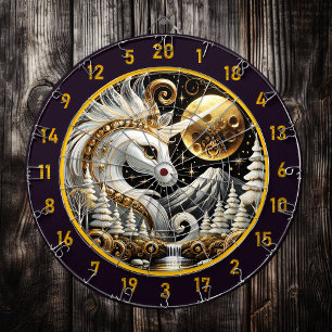White Unicorn Shines Beneath Golden Moon Dartboard