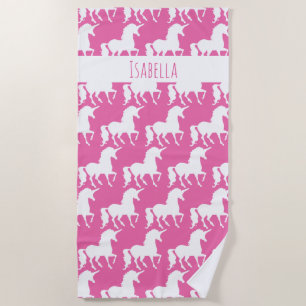 White Unicorn Silhouette Pattern Pink Personalised Beach Towel