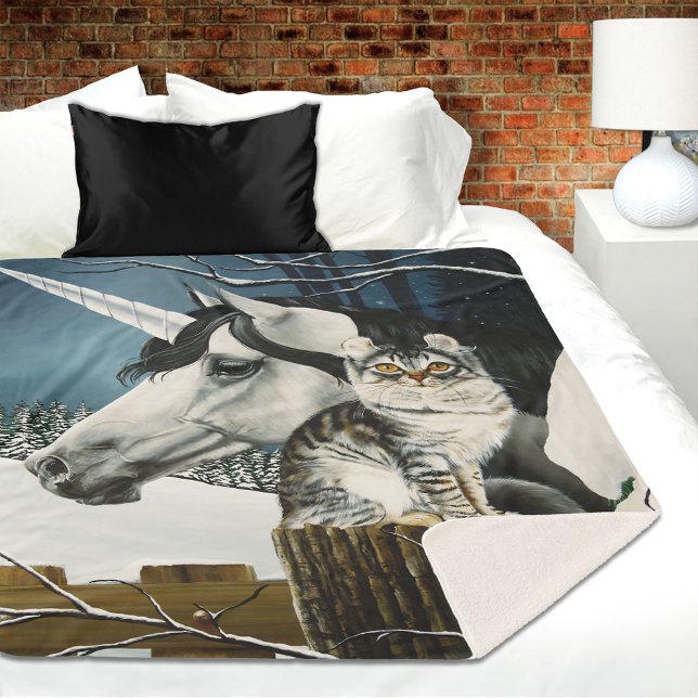 White Unicorn Tabby Cat Fantasy Sherpa Blanket (Creator Uploaded)