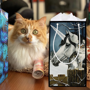 White Unicorn Tabby Cat Fantasy Small Gift Bag