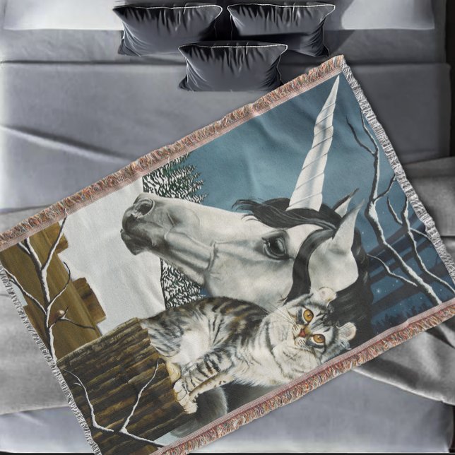 White Unicorn Tabby cat Fantasy  Throw Blanket (Creator Uploaded)