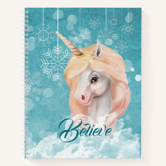 White Unicorn Teal Snowflake Believe Notebook (Front)