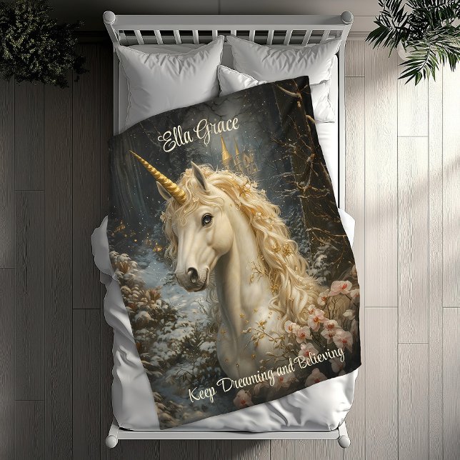 White Unicorn Winter Castle Fairytale Snowy Pines Fleece Blanket (Creator Uploaded)