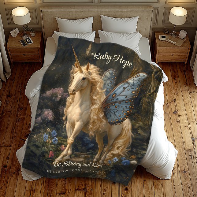 White Unicorn With Blue Butterfly Wings Nursery Fleece Blanket (Creator Uploaded)
