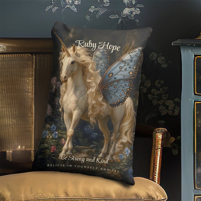 White Unicorn With Blue Butterfly Wings Nursery Lumbar Cushion (Creator Uploaded)