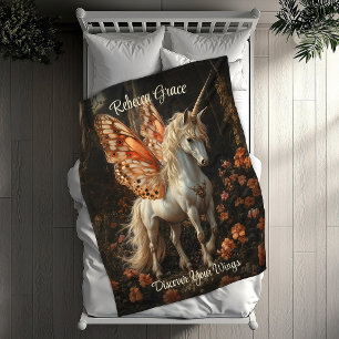 White Unicorn With Orange Butterfly Wings Teen Fleece Blanket