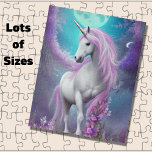 White Unicorn with Purple Flowers & Moon    Jigsaw Puzzle<br><div class="desc">White Unicorn with Purple Flowers & Moon - see this design on other products in my store</div>