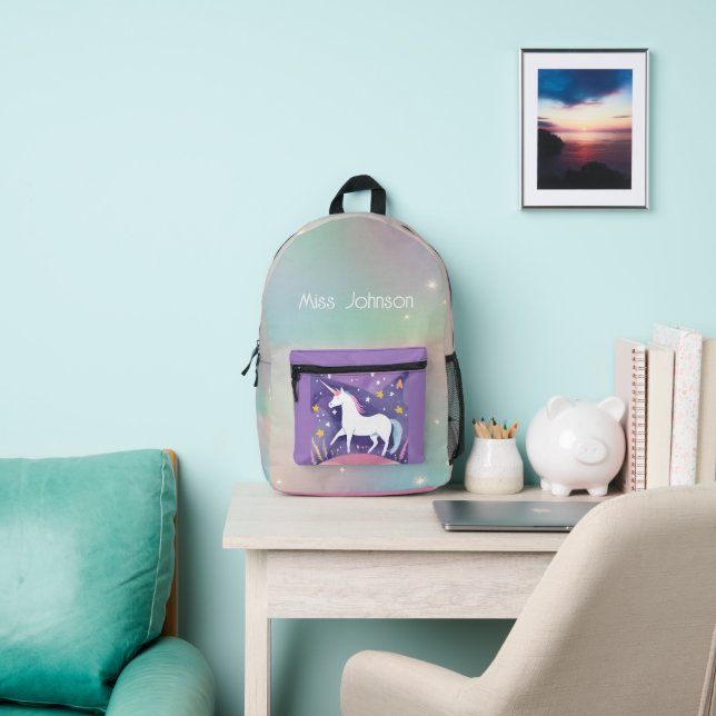 White Unicorn with Stars Printed Backpack (Insitu)