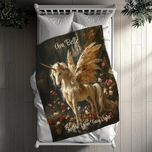 White Unicorn with Wings in a Floral Woodland Fleece Blanket