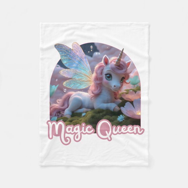 White unicorn with wings - Magic Queen Fleece Blanket (Front)