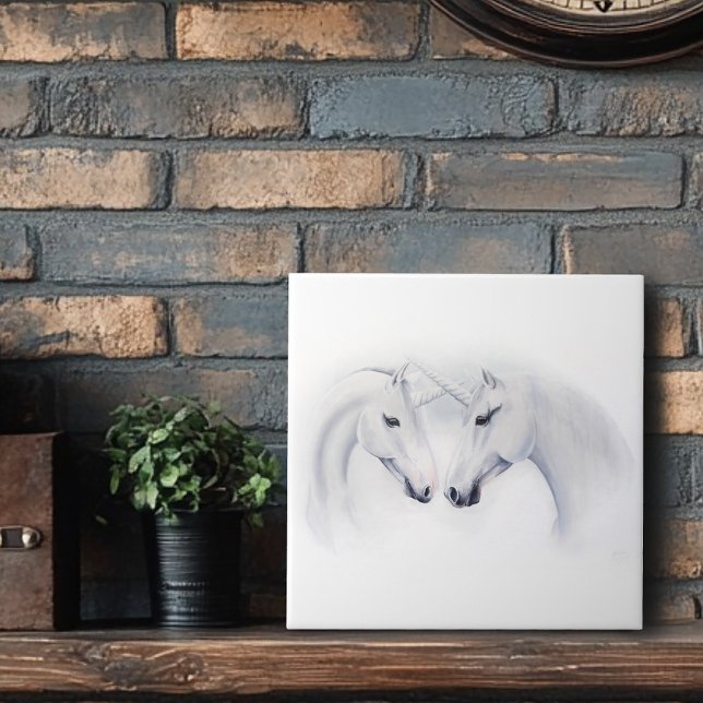 White Unicorns Couple Ceramic Tile (Creator Uploaded)