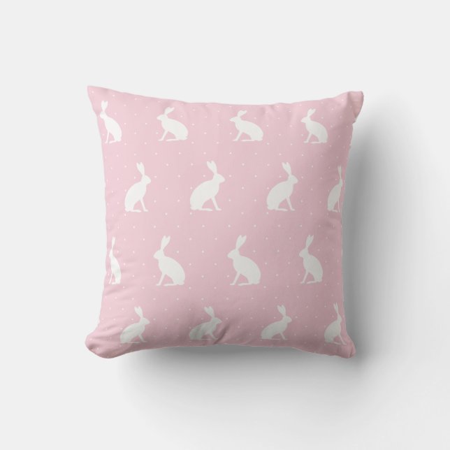 White Upright Bunnies Pattern. Girly Pink Cushion (Front)